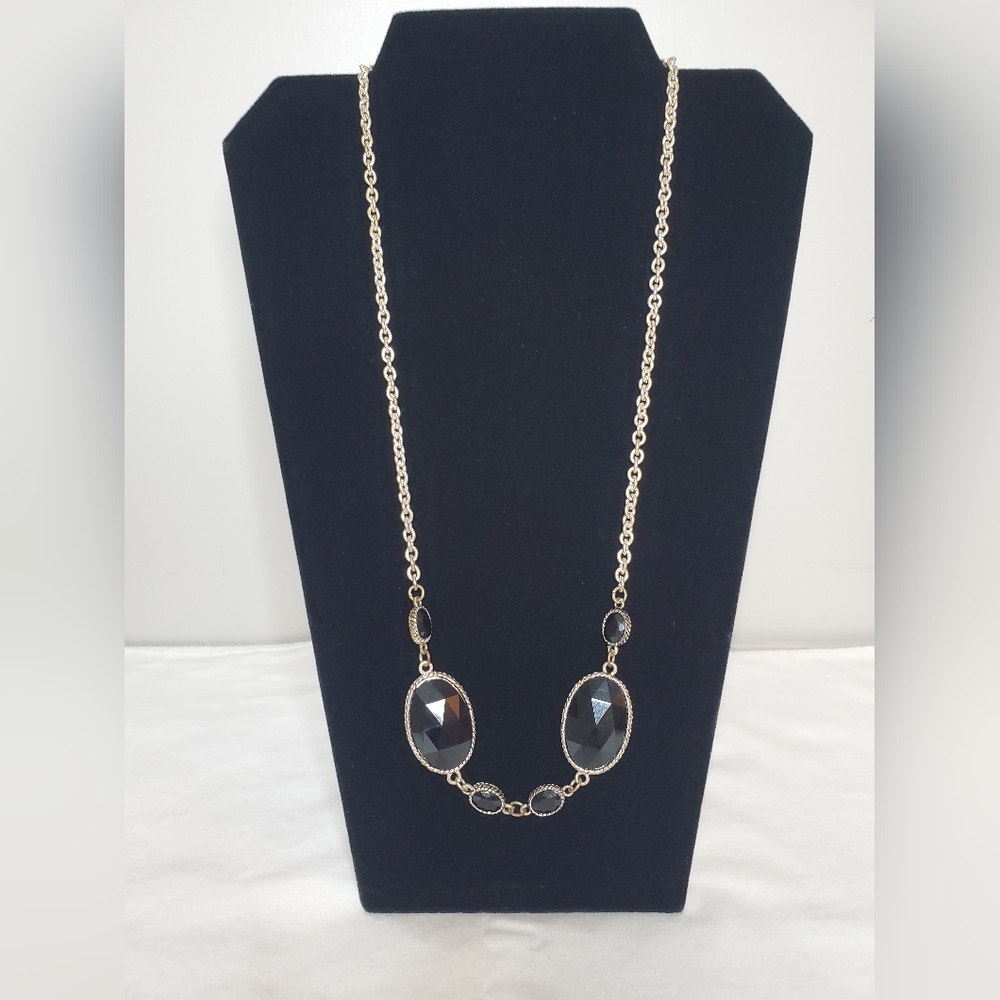 Long Gold Tone Necklace With Black Beads